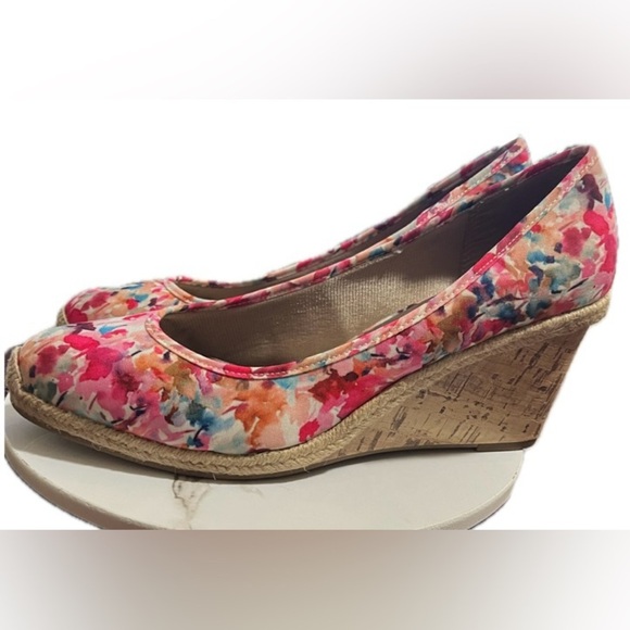 Life Stride Pink White Blue Floral Watercolor Cork Wedge Slip On High Heels 10M - Picture 8 of 14